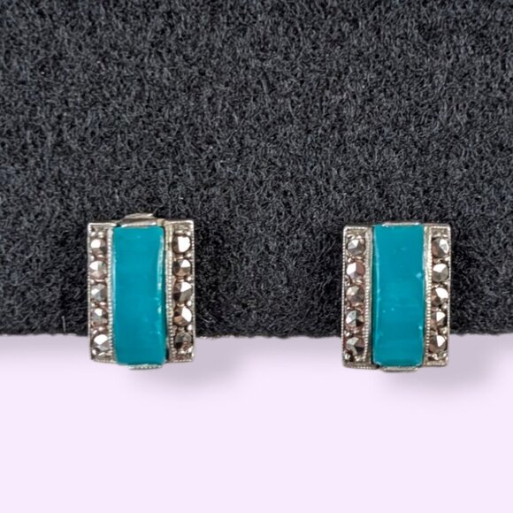 Vintage Green Glass & Marcasite Earrings - Picture 1 of 6